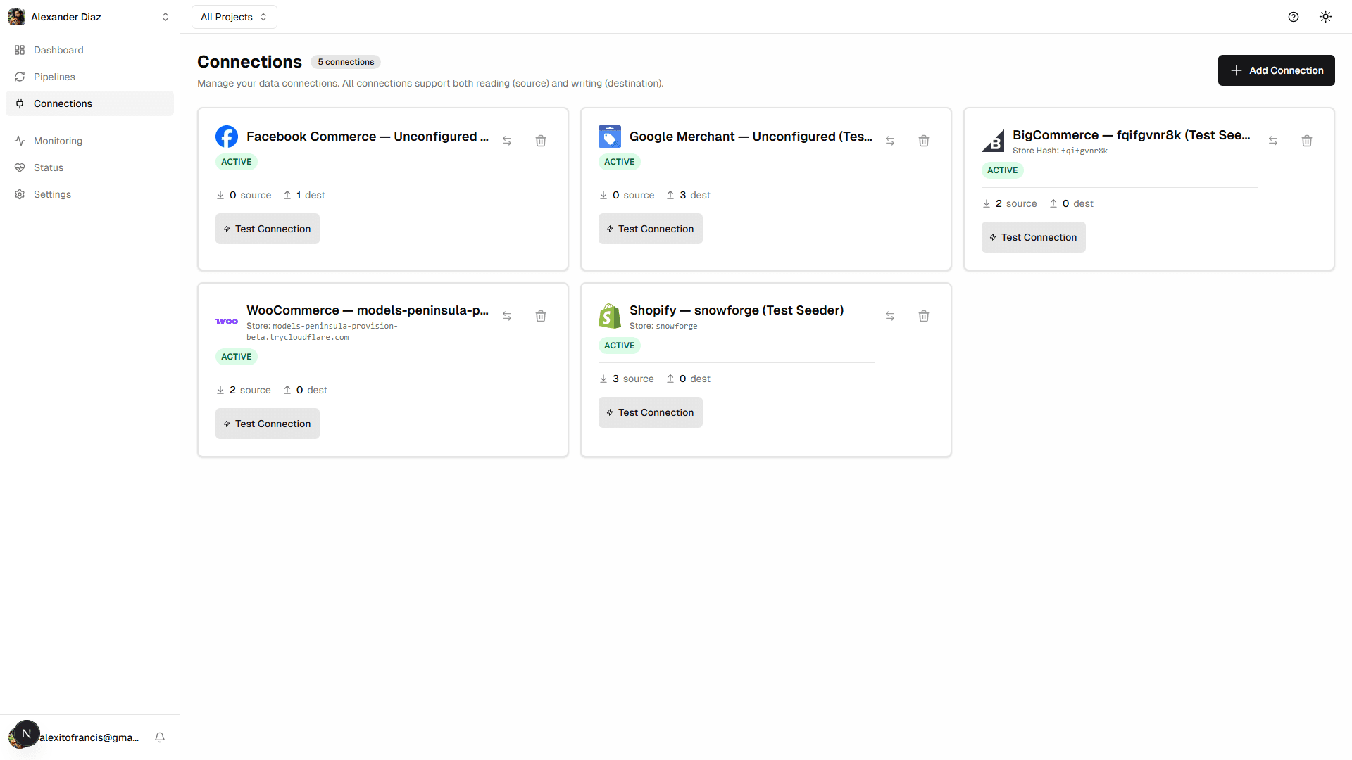 Connections page showing connected e-commerce stores and destinations