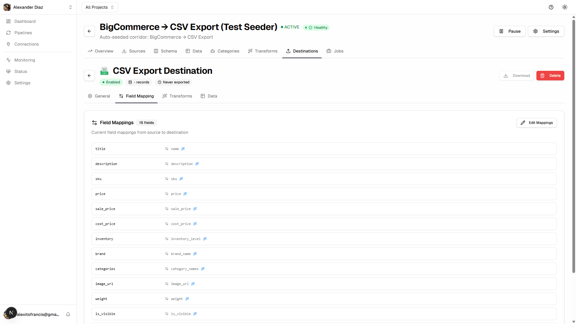 Field mapping interface showing source to destination column mappings