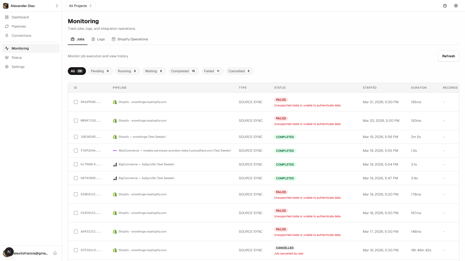 Monitoring dashboard showing job history and pipeline health